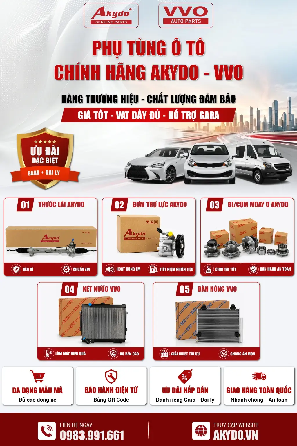 phụ tùng ô tô akydo, chuyên phân phối thước lái, bơm trợ lực, bi moay ơ, két nước dàn nóng ô tô