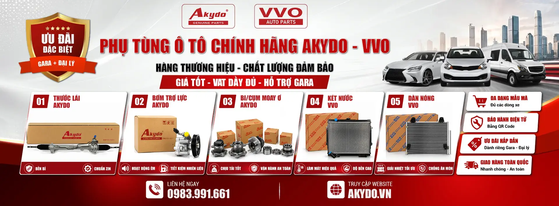 phụ tùng ô tô akydo, chuyên phân phối thước lái, bơm trợ lực, bi moay ơ, két nước dàn nóng ô tô